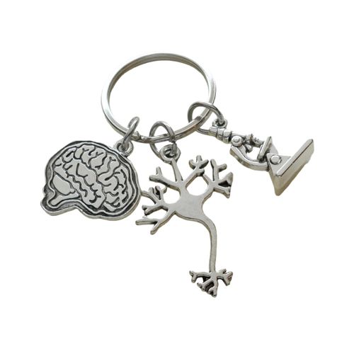 Psychologist or Neuroscientist Appreciation Keychain with Brain Charm, Neuron & Microscope Charm
