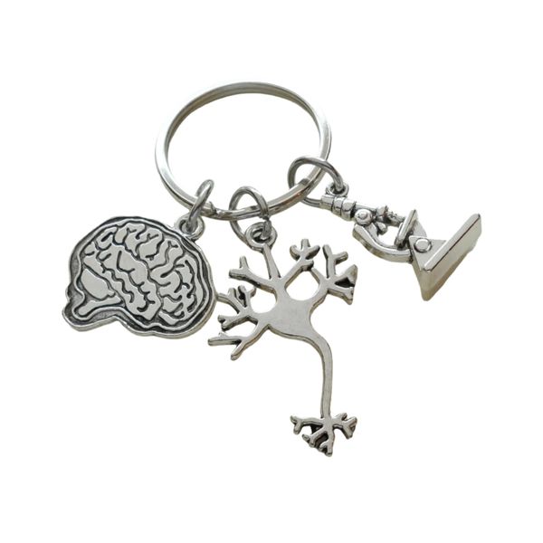 Psychologist or Neuroscientist Appreciation Keychain with Brain Charm, Neuron & Microscope Charm