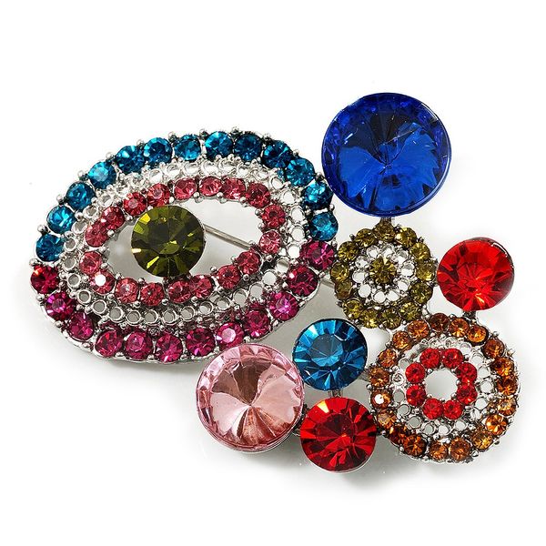 Multicoloured Diamante Cluster Brooch (Silver Tone)