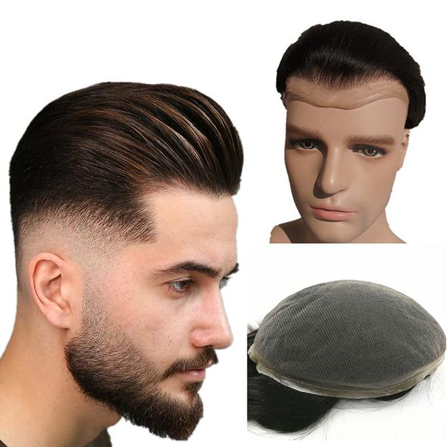 N.L.W. NLW European human hair toupee for men with soft Super Swiss lace 10x8 human hair prosthesis men hair patch units implant for men hair pieces units replacement system for men #2 Dark brown