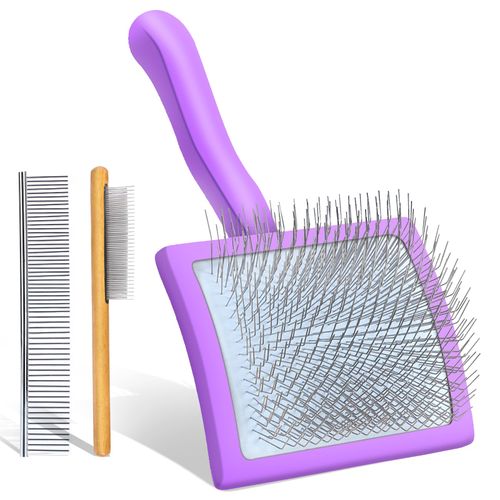 COZYGIFT Long Pin Dog Slicker Brush for Long Haired Dogs, Removes Loose Hair, Tangles and Knots, Professional Pet Grooming Kit, Purple