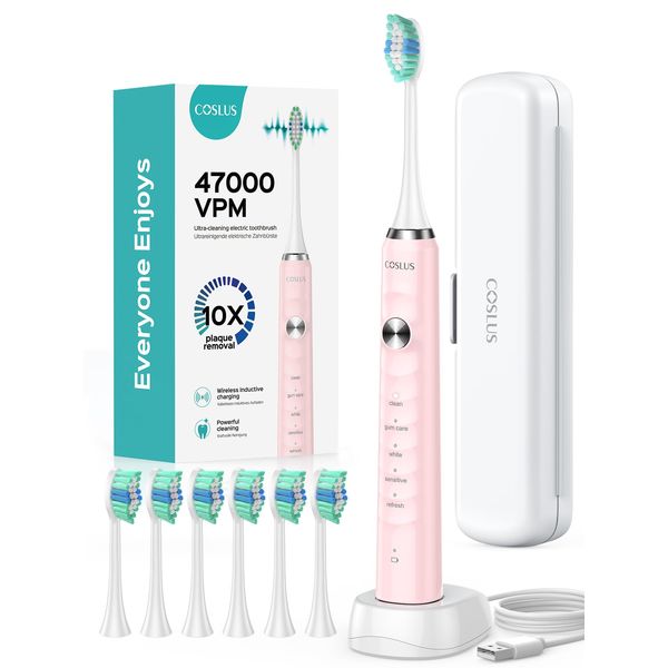 COSLUS Electric Toothbrush for Adults and Kids: Wireless Rechargeable Tooth Brush with Portable Travel Case, 5 Modes 47000 VPM Power Toothbrushes 6 Brush Heads 1 Charge for 70 Days Pink