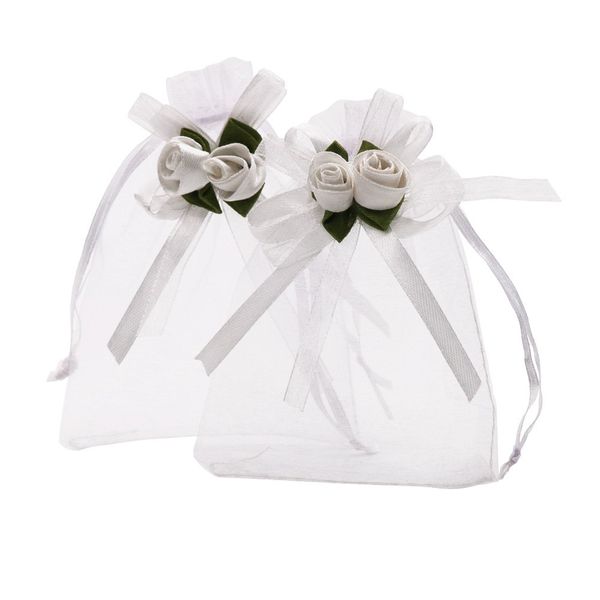 SumDirect 50pcs White Rose Organza Gift Bags,4x4 7/10 inch Wedding Favor Gift Bags, Jewelry Pouches with Drawstring for Party Wedding Christmas (4x4.7inch, White)