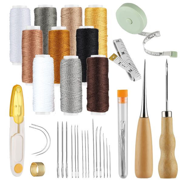 32 Pcs Leather Craft Sewing Tools Kit, Upholstery Repair Kit, DIY Leather Hand Stitching Tool Kit, Embroidery Kit with Leather Waxed Thread Leather Needles Drilling Awl for Sewing Leather and Canvas