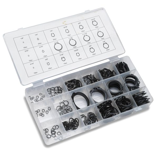 NEIKO 50458A Snap Ring Shop Assortment | 300 Piece Retaining Ring Set | 18 Sizes (1/8" - 1-1/4") | Heat-Treated Hardened Steel | Secure Parts on Grooved Shafts, Pins, Studs, etc.