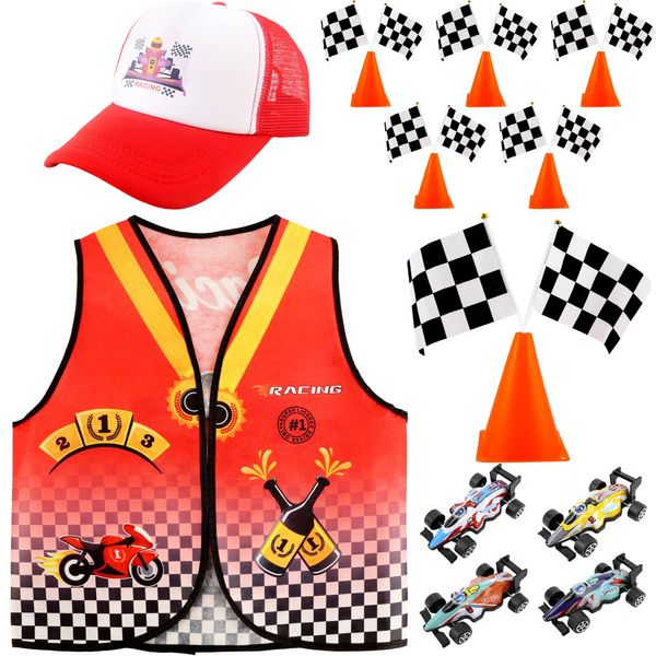 24 Pcs Kids Race Car Driver Costume Set Include Racer Vest Car Cap Pull Back Cars Toy Model Set Traffic Cones and Racing Checkered Flag for Boys Girls Race Car Theme Birthday Party Supplies