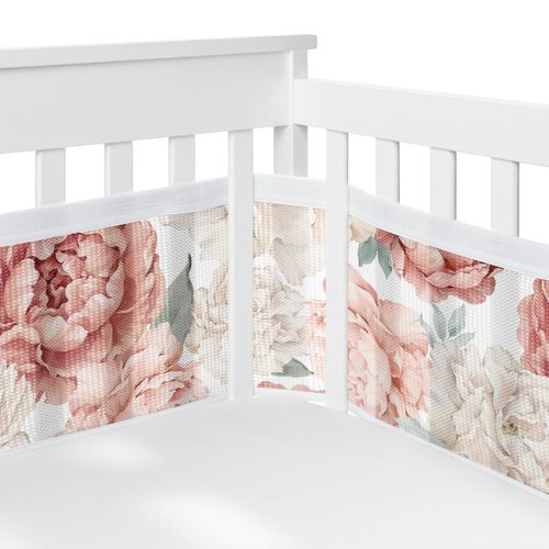 Sweet Jojo Designs + BreathableBaby Blush Pink Boho Shabby Chic Floral Girl Breathable Mesh Crib Liner Anti-Bumper Baby Infant Ivory Bohemian Vintage Garden Watercolor Flower Elegant Light Dusty Rose