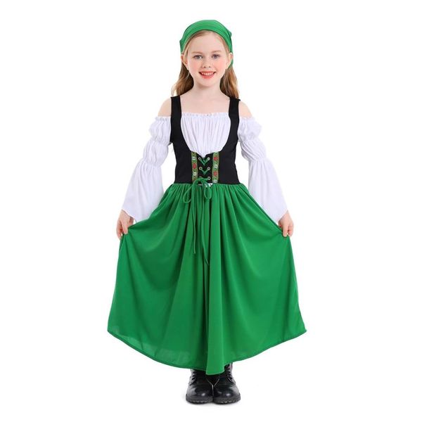 Dressy Daisy German Bavarian Dirndl Dress Up Costume Peasant Party Outfit with Head Scarf for Little Girls Size 5-6, Green