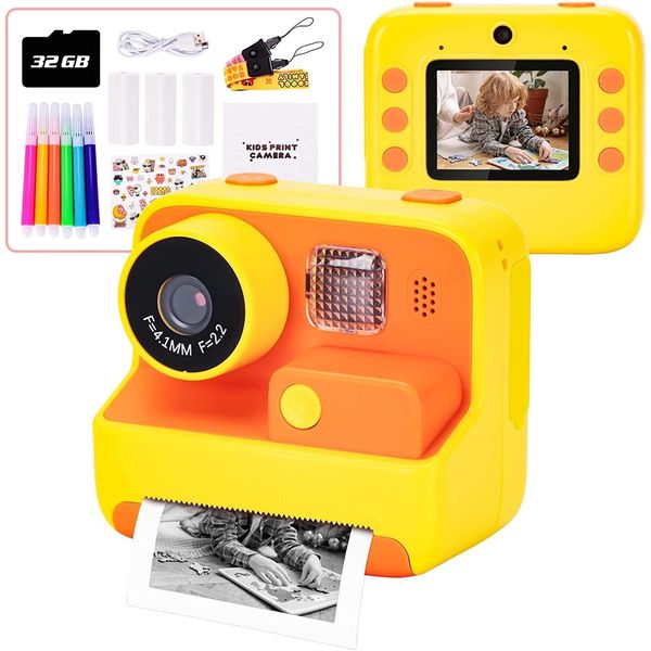 Kids Instant Print Camera Digital Camera for Kids with 2.0 Inch 1080P HD Screen, Kids Camera 48MP for Girls Boys Gifts with 32GB SD Card, 3 Rolls of Printing Paper, 6 Colored Pens (Yellow)