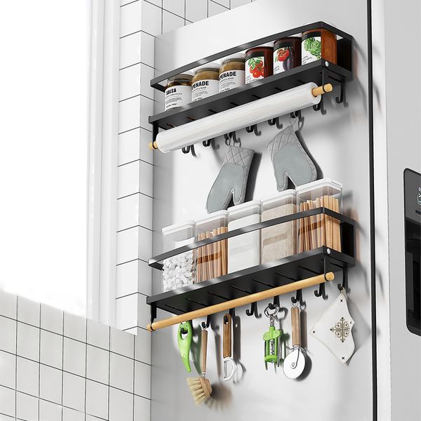 XYSaiXuan Gewürzregal Magnetisch, Gewürz Organizer Ohne Bohren mit 7 Haken, Kühlschrank Regal mit Küchenrollenhalter für Gewürze, Gläser Küchen und Bad Organizer