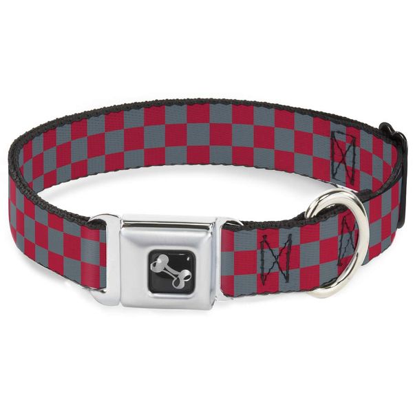 Buckle-Down 18-32" Checker Crimson Red/Gray Dog Collar Bone, Wide Large