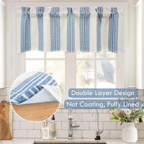 DriftAway Chris Linen Lined Valance Double Layer Thermal Insulated Room Darkening Blackout Valances 3 Inch Rod Pocket Vertical Striped Kitchen Valance for Bathroom 52 Inch by 18 Inch Jean Navy