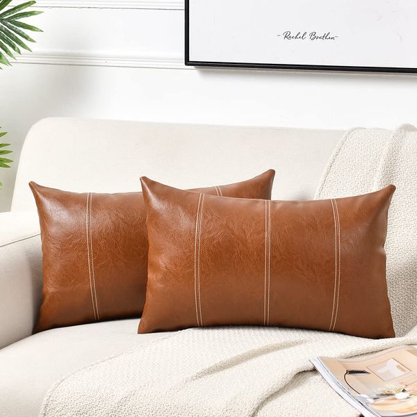 Fancy Homi 2 Packs Brown Boho Lumbar Faux Leather Decorative Throw Pillow Covers 12x20 Inch for Living Room Couch Bed Sofa, Hand Stitched Rectangle Cushion Case, Rustic Modern Farmhouse Home Decor