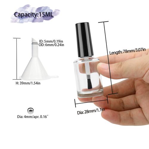 Agidea Empty Nail Polish Bottles with Brush Cap, 15ml Empty Glass Refillable Nail Polish Bottles with Mixing Agitator Balls & Funnels, Pack of 6
