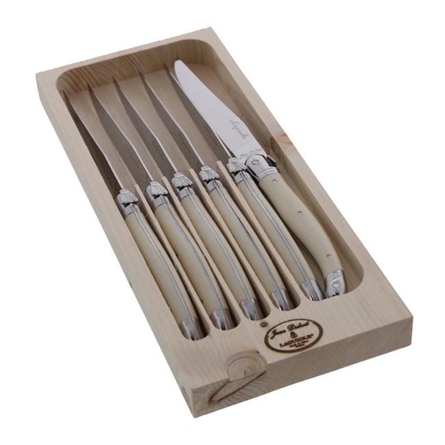 Jean Dubost Laguiole 6 Piece Steak Knife Set France Ivory White Handles