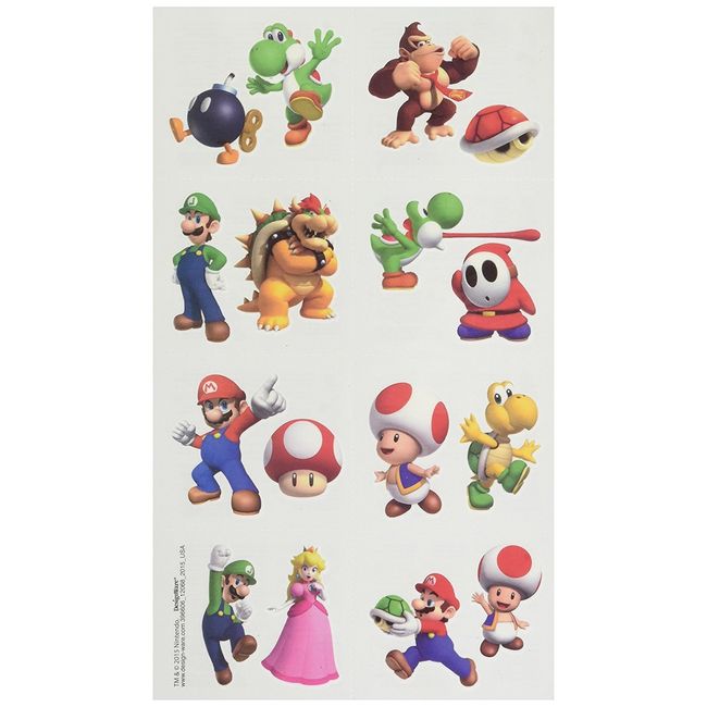 amscan Super Mario Brothers Birthday Party Temporary Tattoo Favors, Multicolor, 2 x 1 3/4 (Two-Pack)