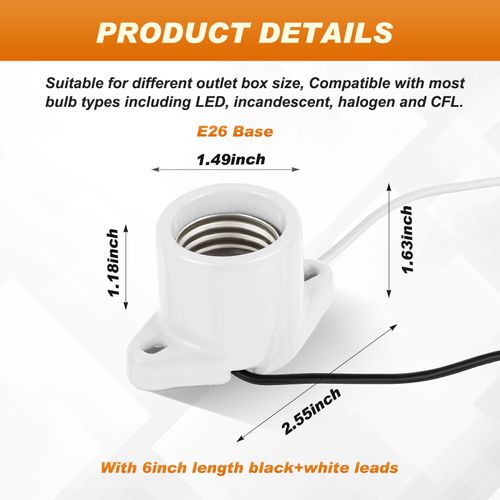 Saysurey 10 Pcs E26 Light Socket Porcelain Lamp Holder Socket Medium Keyless Threaded Base with Two Hole Flange Mounting and 6" Wire Indoor Garage Closet Lighting