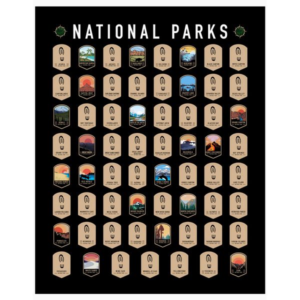 National Park Scratch Off - All 63 Parks - 16" x 20" in Standard Size Poster - US National Park Checklist Map - National Park Checklist Poster - USA National Parks Gift