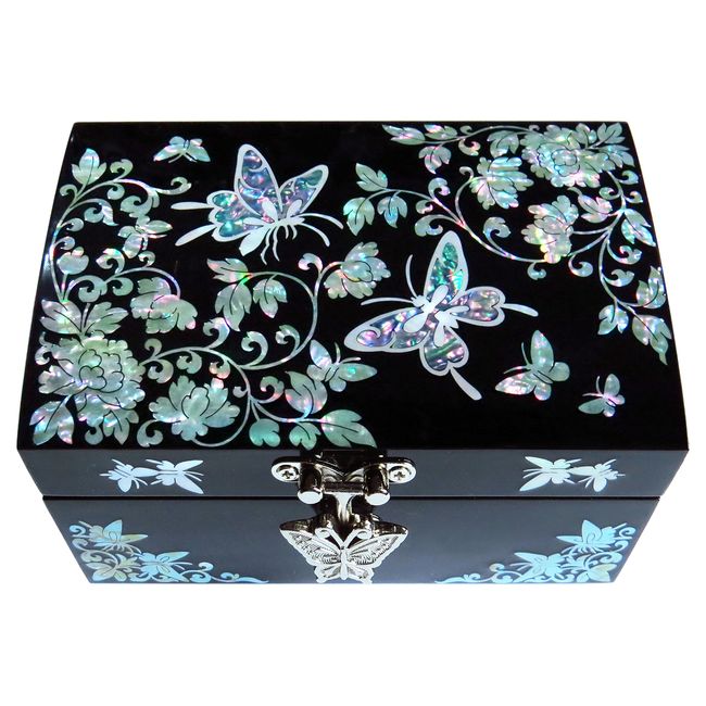 MADDesign Mother of Pearl Lacquered Jewelry Ring Box Butterflies Black