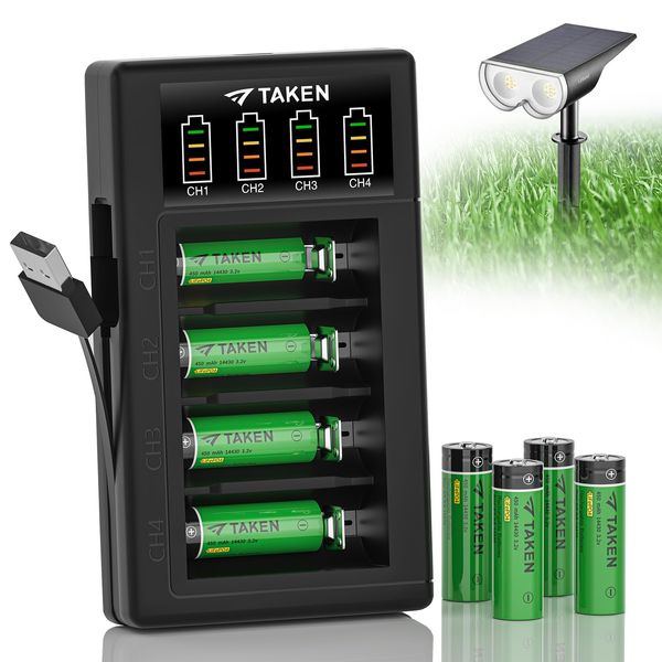 Taken 14430 3.2 Volt Rechargeable Solar Battery with Charger, 3.2V 450mAh 14430 LiFePO4 Rechargeable Battery for Solar Panel Outdoor Garden Lights, 8 Pack 14430 Battery with 4-Ports LiFePO4 Charger