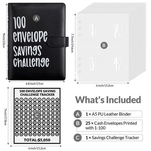 Luweoxy 100 Envelope Challenge Binder Money Saving Binder, Easy and Fun Way to Save $5,050, Cash Stuffing Binder Budget Planner Savings Challenge Book (Black)