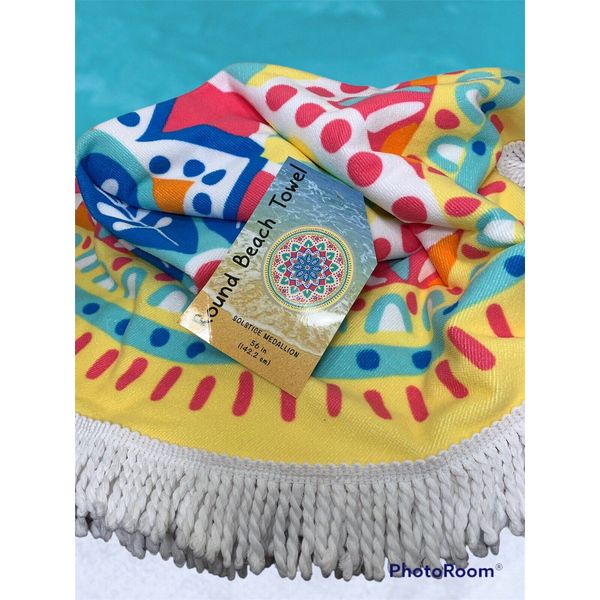 Beach Blanket Towel Picnic Fringe 56” Round Colorful Medallion Print NEW