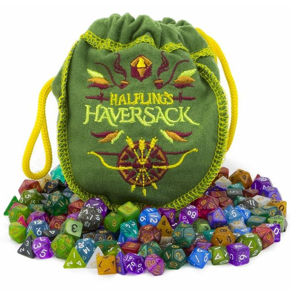 Wiz Dice Mini DND Dice Set - 140 Pieces Total (20 Sets of 7 Dice in Unique Colors) & Storage D&D Bag-Polyhedral Role Playing Dice - Perfect DND Accessories for TTRPG Dice - Hafling's Haversack