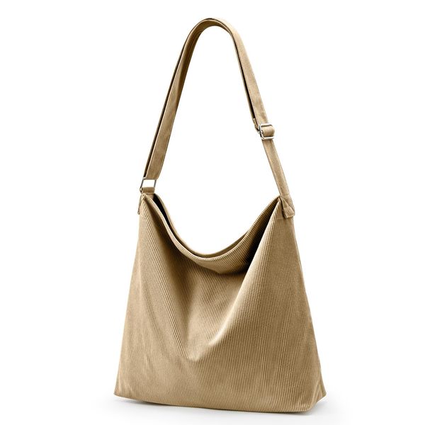 KALIDI Cord Tasche Umhängetasche mit Reißverschluss Wasserdicht Shopper Damen Große Cord Umhängetasche Tote Bag Crossbody Schultertasche Handtasche für Arbeit Büro Reise Einkauf, Khaki