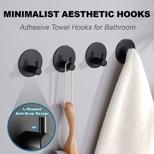 Aenfaiy Towel Hooks for Bathroom (4 Pack) Adhesive Towel Hook Shower Hooks for Inside Shower - Sticky Bathroom Wall Hooks for Hanging Towels, Robe, Loofah, Bath Sponge - Matte Black Towel Hooks