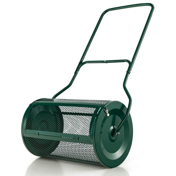 COSTWAY 27” Compost Spreader, 76L Peat Moss Top Dressing Roller Spreader with U-shaped Handle & Side Latches, Durable Metal Mesh Basket Push Fertilizer Spreader for Lawn and Garden (Green)