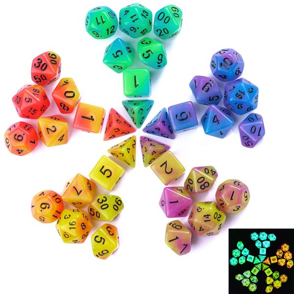 Poludie 5 Sets Glow in The Dark DND Dice, 35Pcs Luminous Polyhedral Dice Set with 1 Leather Dice Bag, Glowing D&D Dice for Dungeons and Dragons, RPG, MTG Table Games(5Sets/35Pcs Glowing Dice)