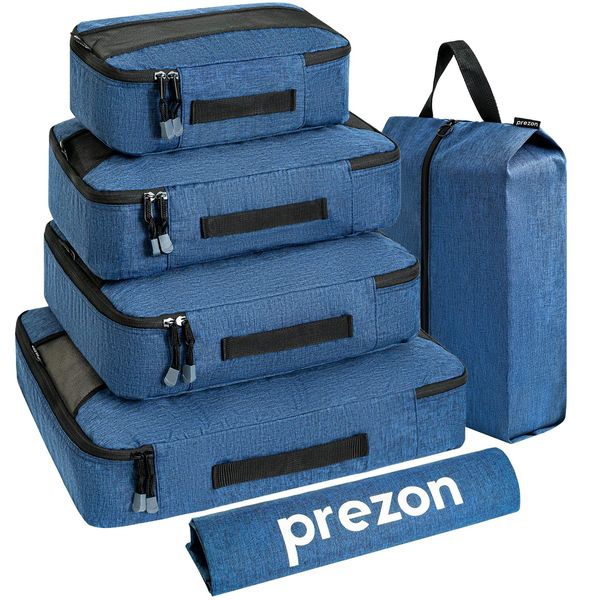 Prezon Premium 6 Set Packing Cubes, Essential Luggage Organizer Bags for Travel Accessories with Laundry Bag & Travel Shoe Bag Navy