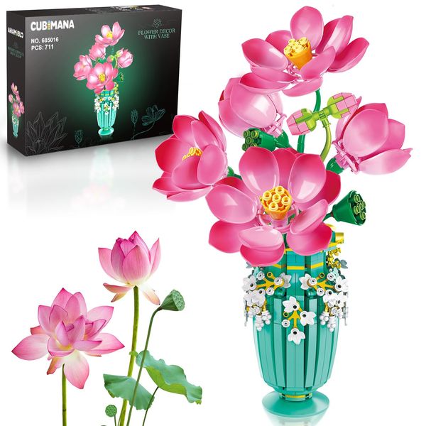 CUBIMANA Flower Bouquet Building Set with Vase, Artificial Flowers Building Blocks Toy, Botanical Collection Home Office Decor, Gifts for Valentines Mothers Day Christmas Birthday Women Adults Kids