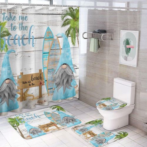 Rustic Summer Beach 4 Pcs Waterproof Shower Curtain Set Vintage Abstract Wooden Gnome Surfboard Palm Trees with Waterproof Toilet Cover Shower Mat Rugs,72" W x 72" L