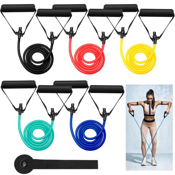 5 Pcs Exercise Resistance Bands with Handles Workout Bands Physical Resistance Tube Bands with Door Anchor for Men Women Muscle Toning Strength Training