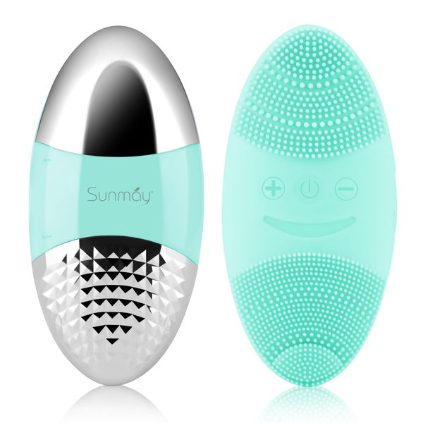 SUNMAY Oval Sonic Facial Cleansing Brush, Electric Silicone Face Cleanser, Face Scrubber with Ion Function for Deep Cleansing, Gentle Exfoliation and Massage –Green