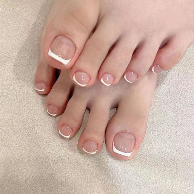 SINLOV Square Fake Toenails Nude Pink Glossy Print on False Toe Nails French Short Full Cover False Artificial Toenails Nails for Women and Girls…