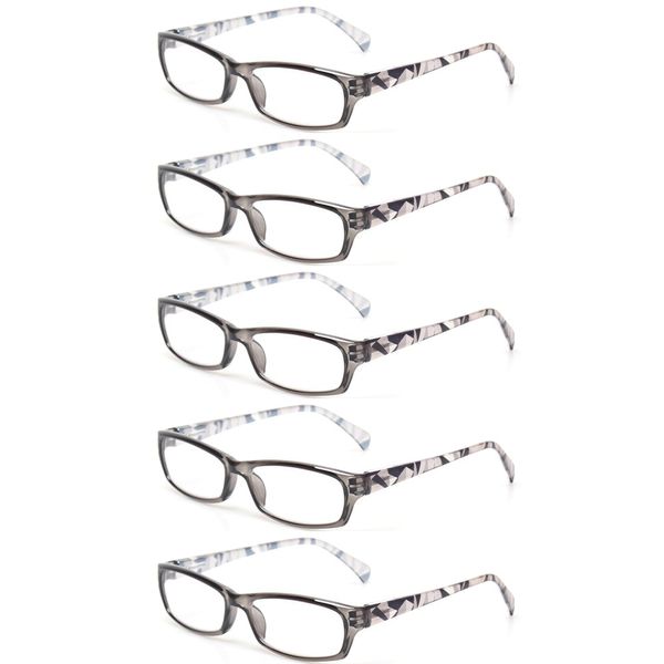 Kerecsen 5 Pairs Fashion Ladies Reading Glasses Spring Hinge Pattern Design Readers, 5 Pack Gray, Medium