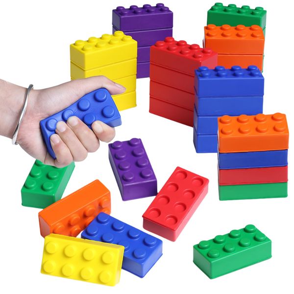 HUTUTUKJ Building Block Stress Relief Toys for Kids, Set of 24, Stacking Construction Foam Building Blocks Toys in 4 Colors, Birthday Party Favors, Sensory Duplo Blocks Toys