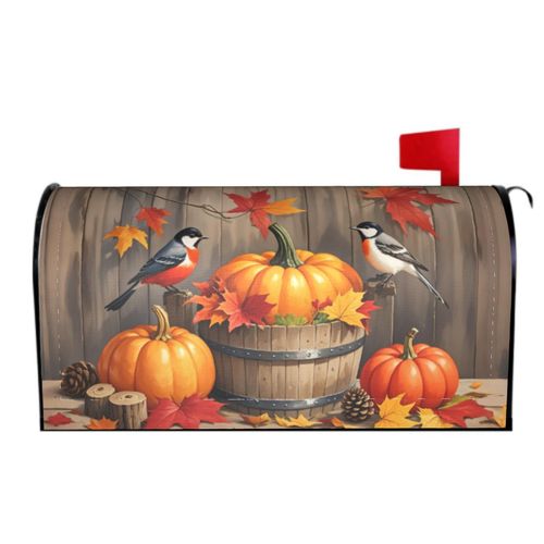 Fall Large Mailbox Covers Magnetic Oversized Autumn Pumpkin Birds Maple Leaf Thanksgiving Harvest Themed Seasonal Outdoor Decorative Letter Box Cases for Home Garden Outside Decor, 25.5 x 21 Inch