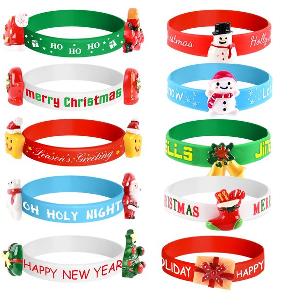 Morcheiong 10/20 Pieces Merry Christmas Rubber Bracelets Silicone Wristbands for Holiday Party Goodies Bags Stuffers Filler Favors Classroom Prizes School Class Exchange Supplies (10)