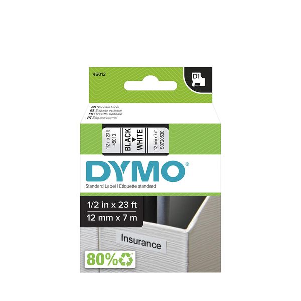 DYMO Standard D1 Labeling Tape for LabelManager Label Makers, Black Print on White Tape, 1/2'' W x 23' L, 1 Cartridge (45013)