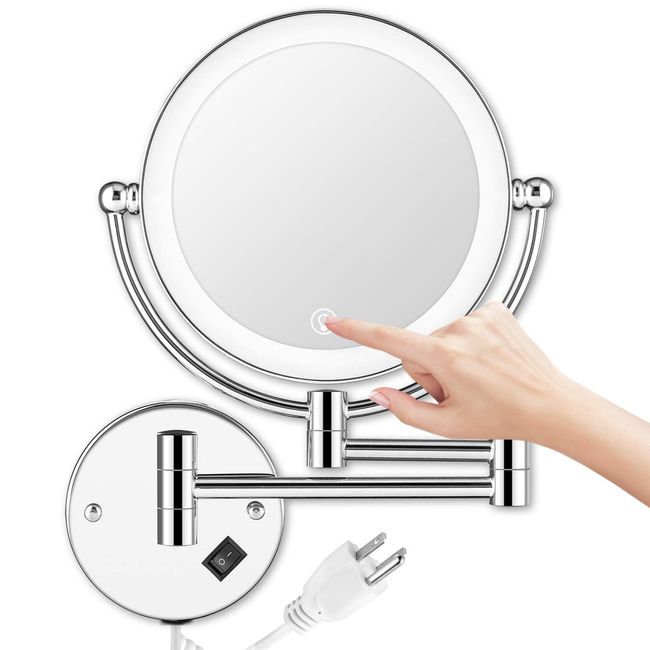 AMZNEVO Wall Mounted Makeup Mirror LED Lighted Touch Button Stepless Adjustable Light Double Sided 1X/5x Magnifying Vanity Mirror 360° Swivel Extendable for Bathroom Powered by Plug in-8 inches