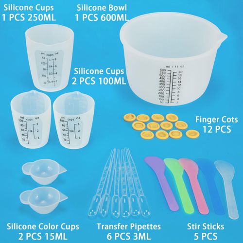 Creahaus Silicone Measuring Cups Tool Kit, Easy to Read 600ML Silicone Mixing Bowl with 250&100ML Silicone Resin Mixing Cup, Easy Clean Reusable Epoxy Resin Supplies with Stir Sticks, Pipettes