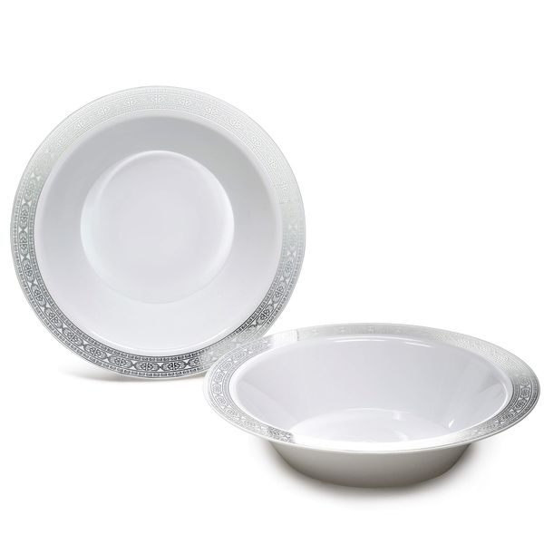 " OCCASIONS " 120 Pieces Plates Pack, Heavyweight Disposable Wedding Party Plastic Bowls (14oz Soup Bowl, Palace in White & Silver)