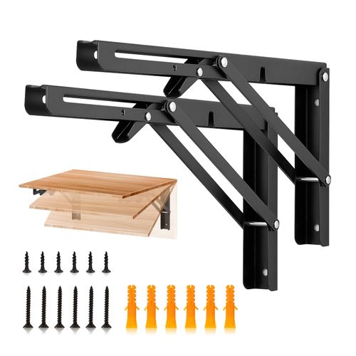 JOY DECOR 12 Inch Heavy Duty Folding Shelf Brackets, 2 Pack (1 Pair) Collapsible Wall Mounted Brackets for Fold Down Table, Stainless Steel Folding Table Hinge, Matte Black