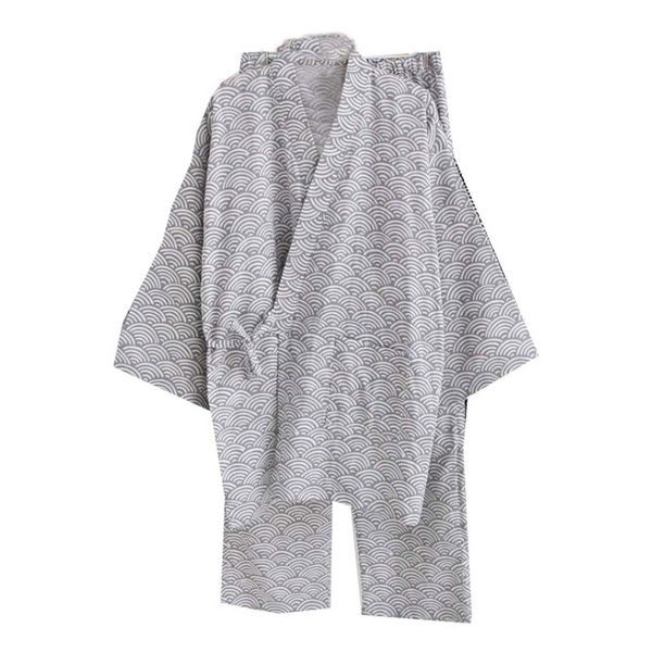 ZEALMAX Kimono Japanisches Hemd und Hose, Baumwolle Leinen Loungewear Lounge Set Spa Bademantel, graue Wellen