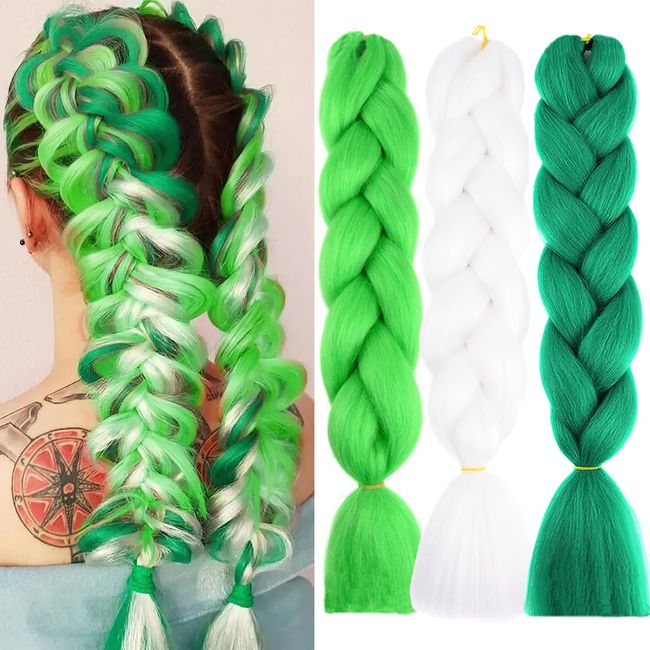 3 Colors Green White Ombre Jumbo Braiding Hair Extensions 24 Inch Long Braiding Hair Pre Stretched High Temperature Synthetic Hair for Women Girl Twist Crochet Braids