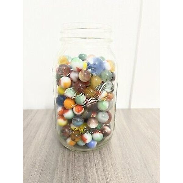 Ball Mason Jar Full Of Vintage Glass Marbles