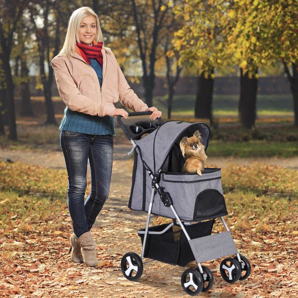 Pet Travel Carriage 4 Wheeler Dog Stroller Foldable Carrier Cart Cup Holder Gray